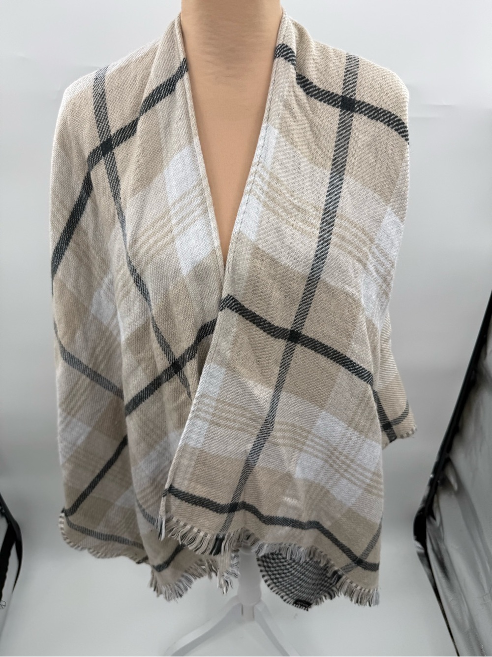 Banana Republic Factory Reversible Poncho Wrap Houndstooth Plaid Fringe One Size